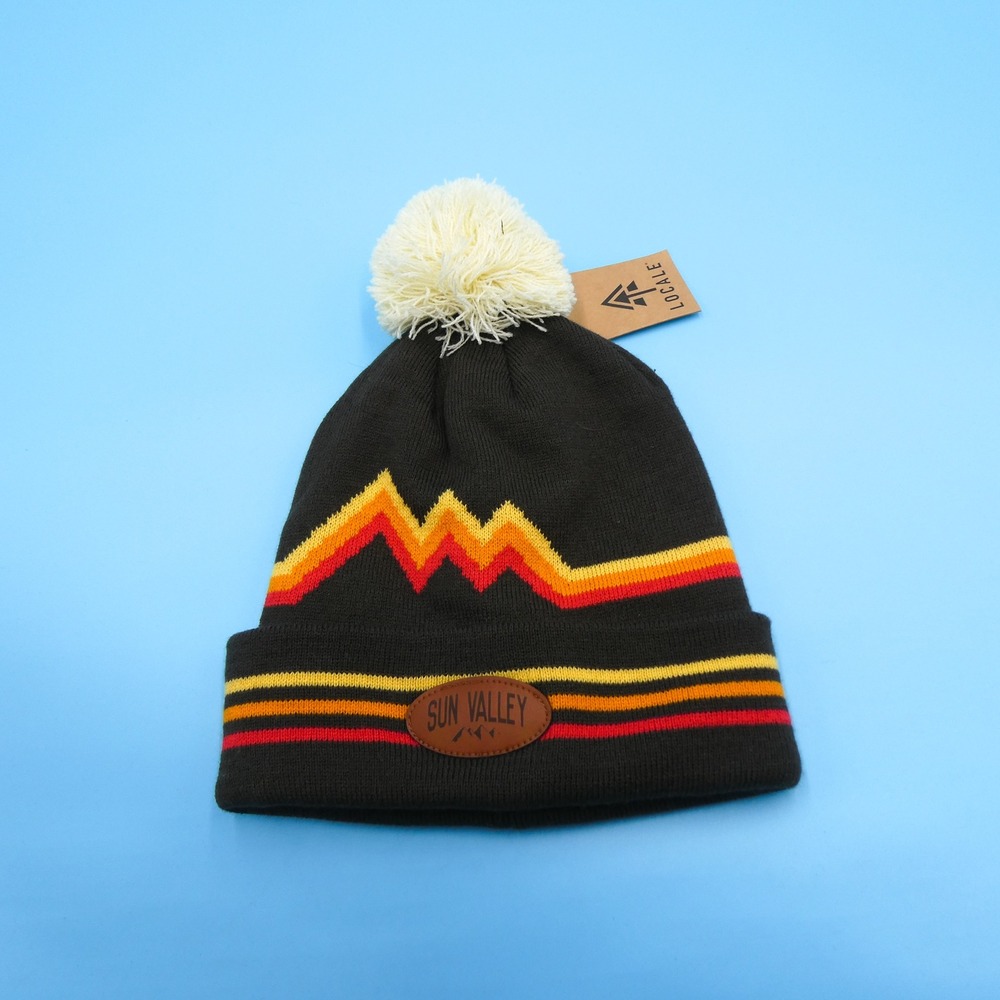 Locale Beanie Hat Mens One Size Sun Valley Retro Stripe Pom Pom Black Knit NEW